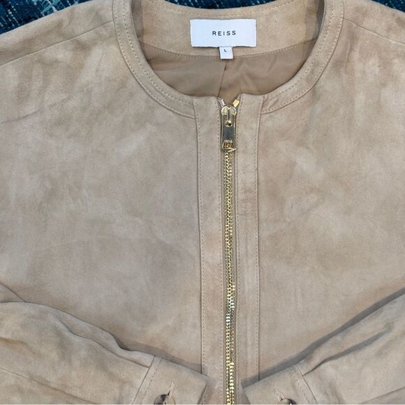 Reiss Solene Suede Bomber Jacket L Cream Tan Leather Zip-Up Designer Outerwear - Picture 5 of 9